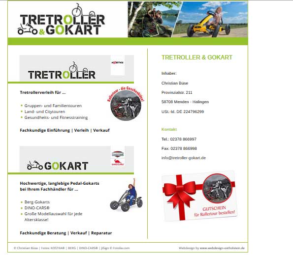 Webdesign Referenz Homepage: Webvisitenkarte für Gokart-Handel in Menden