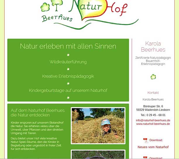 Webdesign Referenz Homepage: Webvisitenkarte für Naturhof in Wadersloh